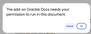 Grackle permission pop up window. 